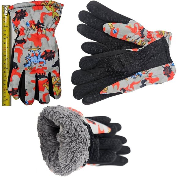 3 Pairs Kids Winter Gloves Boys Girls Ski Glove Faux Fur Lined Dinosaur Designs - Picture 2 of 2